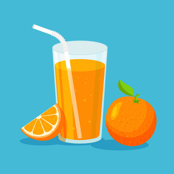 Luonnollinen appelsiinimehu lasissa. Tuoretta mehua leikatulla viipaleella ja juomalla pilliä. Terveellistä luomuruokaa. Sitrushedelmät. Vektori kuvitus tasainen trendikäs tyyli eristetty sinisellä taustalla - Vektori, kuva