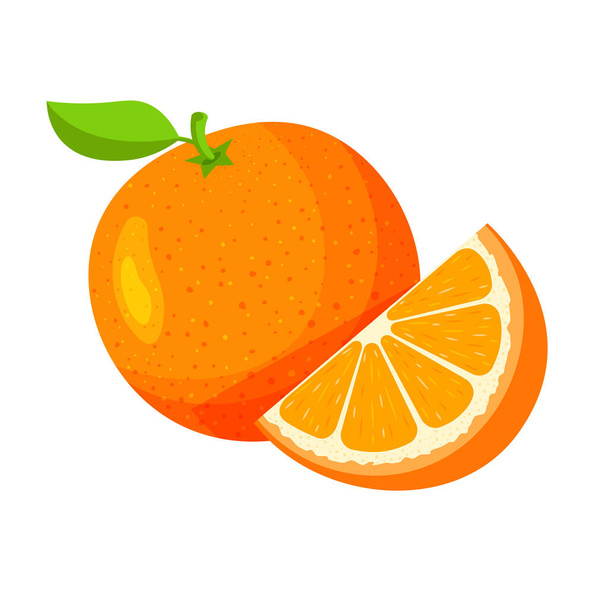 Bright fresh whole and half of orange isolated on white background. Tangerine and leaves. Vegan food vector icons in a trendy cartoon style. Healthy food concept. - Vector, Image