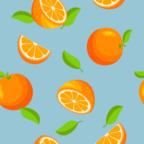 全体、半分、オレンジのカットスライスとシームレスなベクトルパターン。タンジェリンと葉。トレンディーな漫画スタイルのビーガンフードベクトルアイコン。ウェブページの背景、パッケージのための健康的な食品デザインコンセプト - ベクター画像