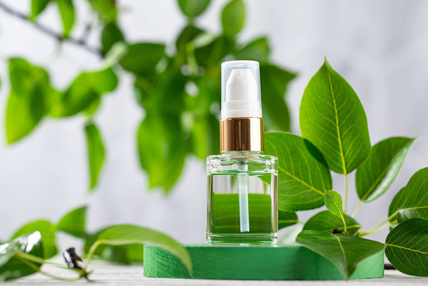 Serum for the skin of the face in a dropper on a green podium among the leaves. The concept of natural cosmetics.  - Foto, Imagen