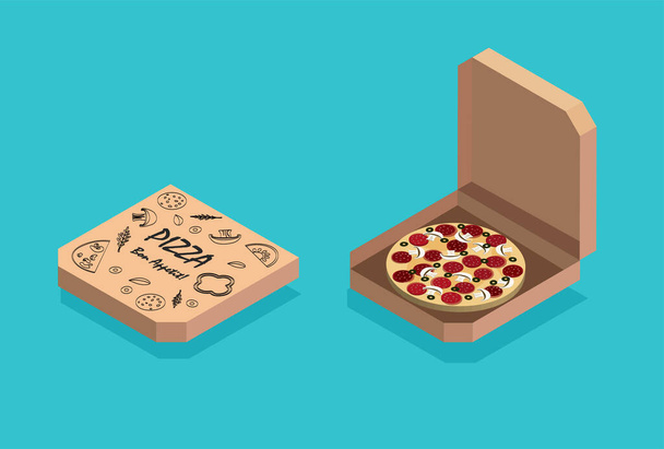 Isometric flat design pizza box isolated on blue background. Traditional italian food. Package or box icon. Delivery of pizza. Vector illustration. - Vector, Image