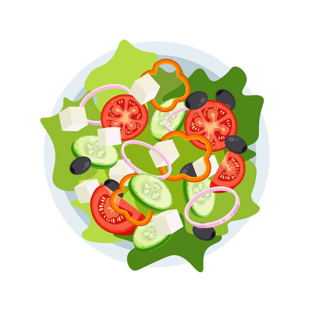 Greek salad on a plate top view. Set of fresh vegetables in a bowl. Vector illustration isolated on a white background. - Vector, Image