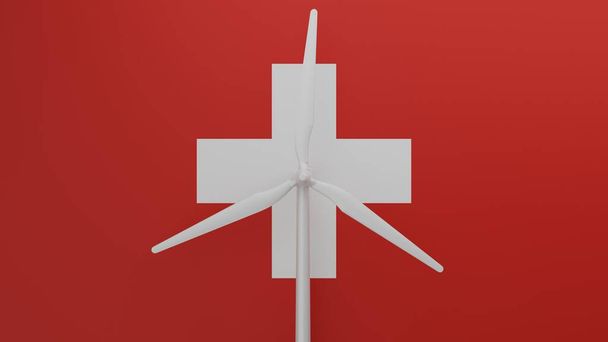 Grande turbina eolica al centro con uno sfondo della bandiera nazionale della Svizzera - Foto, immagini