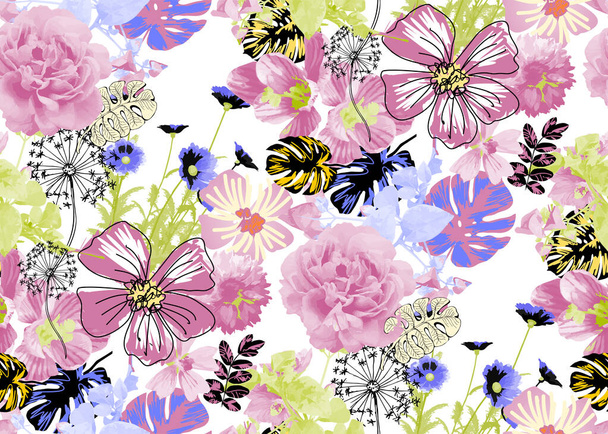 Fantásticas flores y mariposas. Patrón sin costuras. Ilustración vectorial. Adecuado para tela, mural, papel de envolver y similares - Vector, Imagen