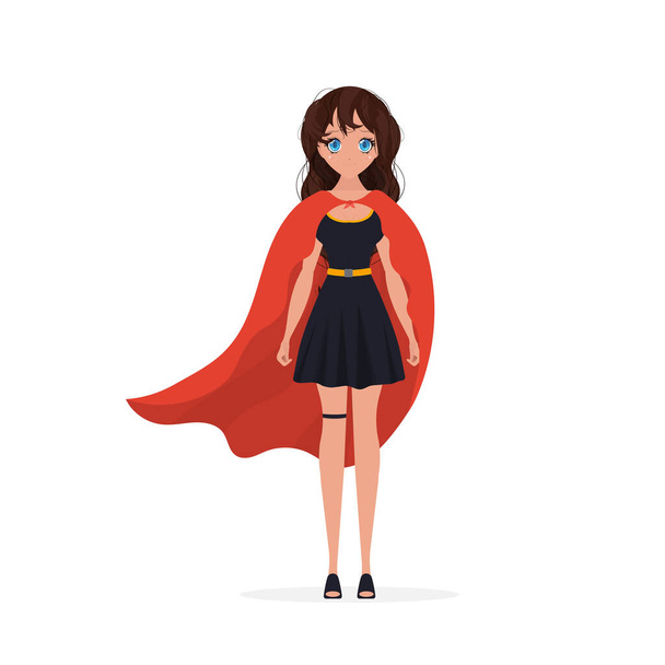 Mujer de negocios con ropa de oficina. Mujer de negocios moderna vistiendo capa roja como superhéroe. Alegre personaje de dibujos animados - Vector, Imagen
