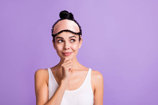 Photo of happy positive lovely dreamy woman look copyspace thinking hold finger chin isolated on violet color background - Φωτογραφία, εικόνα