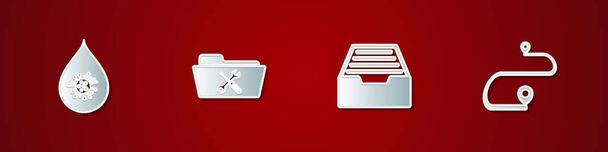 Set Dirty water drop, Folder service, Drawer with documents and Route location icon. Vector - Vector, Imagen