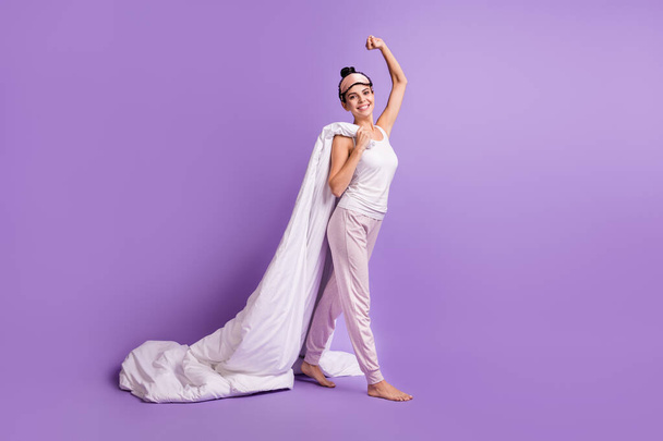Full length body size photo of girl keeping blanket woke up in the morning smiling isolated pastel violet color background - Foto, imagen