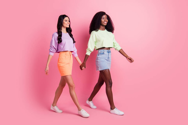 Full body profile side photo of cute charming nice ladies go empty space hold hands wear cropped jumper isolated on pink color background - 写真・画像