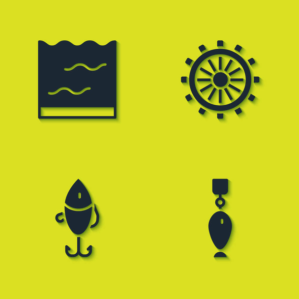 Ορισμός Aquarium, Fishing κουτάλι, δέλεαρ και πλοίο εικονίδιο τιμόνι. Διάνυσμα - Διάνυσμα, εικόνα