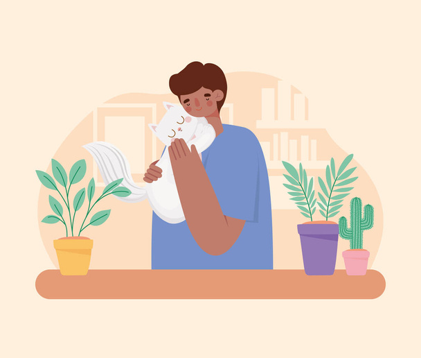 férfi ölelés macska - Vektor, kép