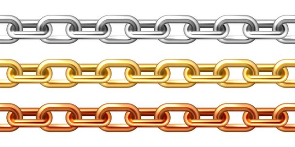 Realistic seamless golden, silver and bronze chains isolated on white background. Metal chain with shiny gold plated links. Vector illustration. - Vector, Image