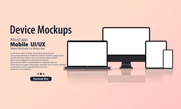 Blank device mock up. Realistic smartphone, tablet, laptop, monitor with blank screen and shadow. Electronic devices mockup set. Vector EPS 10. Flat, illustration - Vector, Image