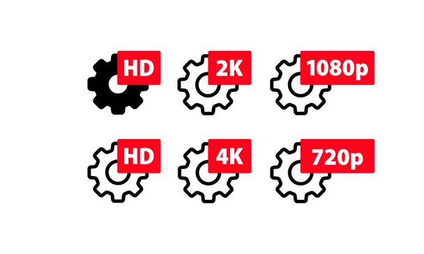 Набор значков качества видео HD, Full HD, 2K, 4K, 720p, 1080p. High definition display icon resolution standard. Передачи с знаком качества. Векторная плоская иллюстрация для веб-сайтов. - Вектор,изображение