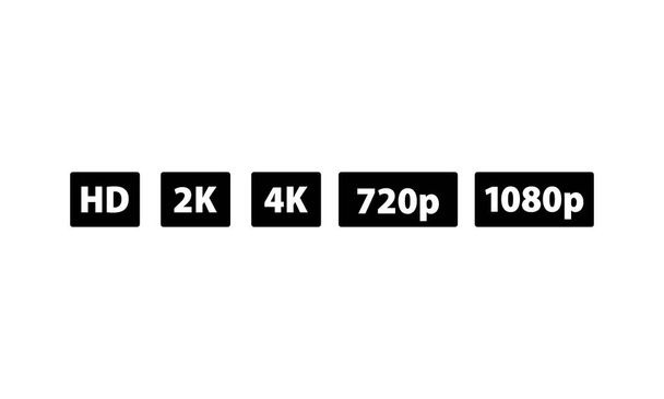 Символ якості відео HD, Full HD, 2K, 4K, 720p, 1080p іконний набір. Іконний стандарт високої роздільної здатності. Номерні знаки високої роздільної здатності - Вектор, зображення