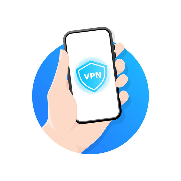 Připojování k mobilní síti VPN. Ruční držení smartphone zobrazující mobilní aplikaci služby VPN. Zabezpečení virtuální privátní sítě. Ilustrace - Vektor, obrázek