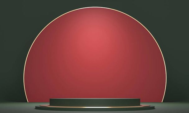 Green podium, pedestal, platform on dark background. Golden red frame - 3d render abstract illustration. Empty space for product mockup design. Show concert rewarding winners. - Φωτογραφία, εικόνα