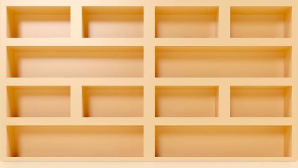 Pastel yellow niche, shelves with copy space. Architectural construction for bright summer advertisement. Empty space for goods. Bookshelves cabinet, shoe store mockup - Foto, imagen