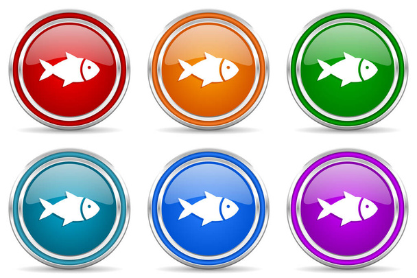 Fish, sea, animal, seafood, nature, food silver metallic glossy icons, set of modern design buttons for web, internet and mobile applications in 6 colors options isolated on white background - Foto, Bild