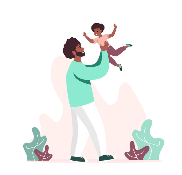 Smiling African Dark Skin Father and Son Play Together.Young Adult Parent.Baby Boy Flying on Dad Hands.Man,Little Child Kid.Happy Father Day.Family Relatives Have Fun Together.Flat Vector Illustration - Vector, Image