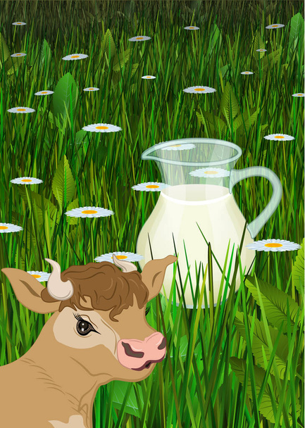 Jug of milk field with cow's face, vector illustration EPS 10 - Vector, Image