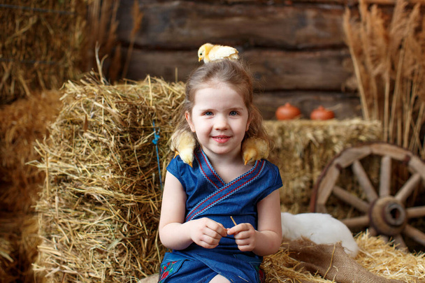Niña linda en un vestido azul en decoraciones de Pascua en fardos de paja con un conejo blanco y pollos - Foto, imagen