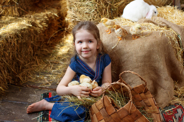 Niña linda en un vestido azul en decoraciones de Pascua en fardos de paja con un conejo blanco y pollos - Foto, imagen