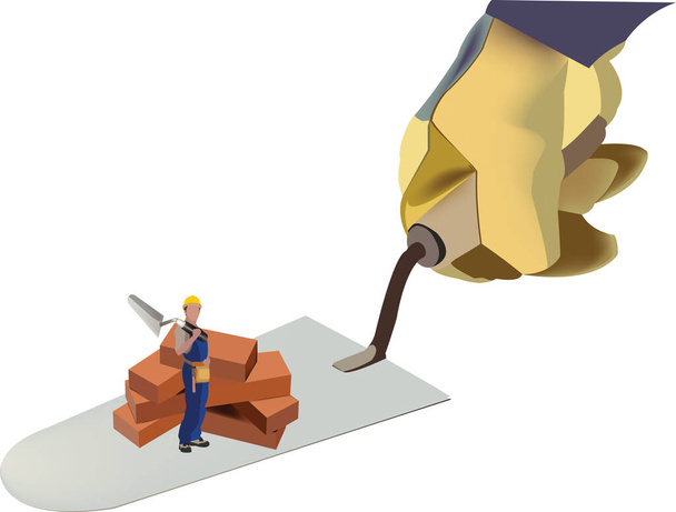 stavební lopatka s cihlami a pracovníkem - Vektor, obrázek