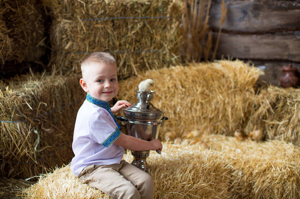 Lapsi poika kirjailtu paita istuu säkkikangas kanssa samovar ja kanoja taustaa vasten olki paalit - Valokuva, kuva