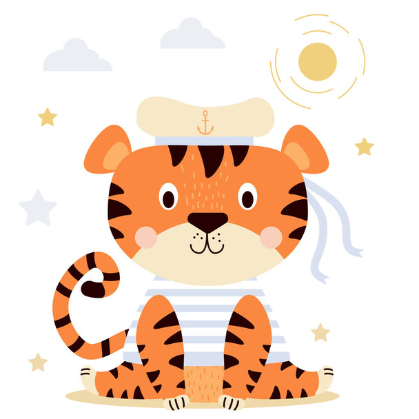 A cute tiger is sitting under the sun. A funny character in sea clothes - a striped vest and a hat with an anchor with ribbons. 2022 year of the tiger. Vector For design, print, postcards, decor - Vektor, kép