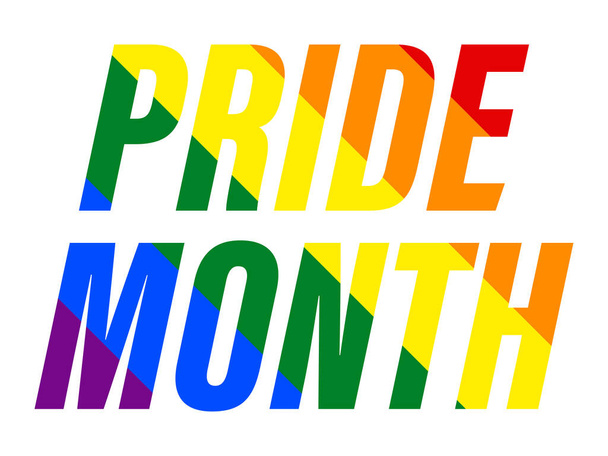 Ylpeyden kuukausi tekstiä sateenkaaren lipulla. LGBT Pride kesäkuu. Suvaitsevaisuutta ja rakkautta. Seksuaalivähemmistöjen, homojen ja lesbojen festivaali, transsukupuoliset ihmiset. Suunnittelu banneri ja juliste. Vektoriesimerkki - Vektori, kuva