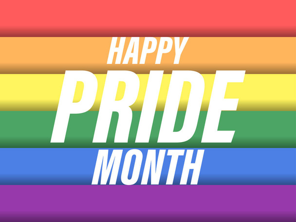 Gökkuşağı çizgili arka plan ile ilgili gurur dolu bir ay metni. LGBT bayrağı. Hoşgörü ve sevgi. Cinsel azınlıkların, eşcinsellerin ve lezbiyenlerin, transseksüellerin festivali. Pankart ve poster için tasarım. Vektör illüstrasyonu - Vektör, Görsel