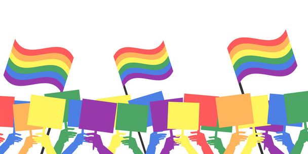 Mois de la fierté. défilé LGBT, mains tenant des pancartes et des drapeaux lgbt arc-en-ciel. Mains multicolores sur fond blanc. Festival des minorités sexuelles. Illustration vectorielle - Vecteur, image