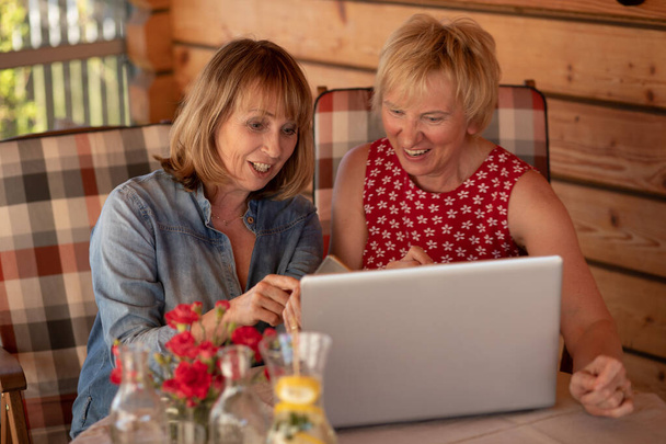 Pitkäaikaiset ystävät seniorinaiset nauravat yhdessä katsoessaan sylissä, kotona. Kaksi naista käyttää kannettavaa tietokonetta kotona. - Valokuva, kuva