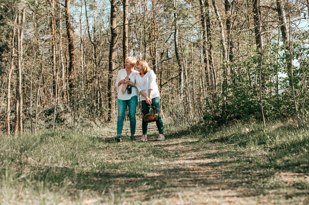 Zwei Freundinnen spazieren durch den Wald. Aktiver Lebensstil, Hobby - Foto, Bild