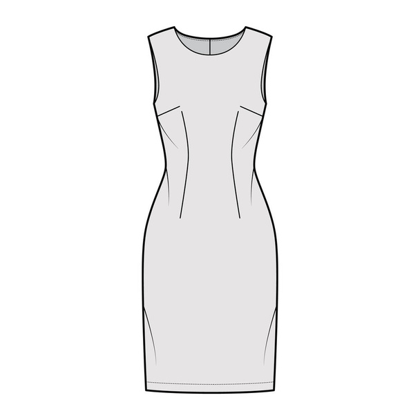 Dress sheath technical fashion illustration with sleeveless, fitted body, knee length pencil skirt. Flat apparel front - Vector, Image