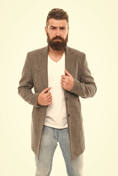 Simplicity is key. Modern outfit. Stylish casual outfit. Menswear and fashion concept. Man bearded hipster stylish fashionable jacket. Casual jacket perfect for any occasion. Consultation of stylist - 写真・画像