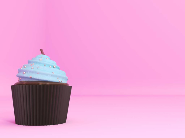 Cupcake International Day. Muffin on  background. Pink cupcake - 3d render. Cake - elements for promotion of the banner. Sweet cream on realistic chocolate pie. Delicious creative food advert. - Photo, image