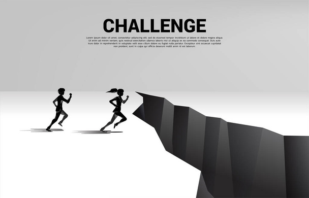 silhouette of businessman and businesswoman running to jumping over the gap. concept of business challenge and competition. - Vector, Image