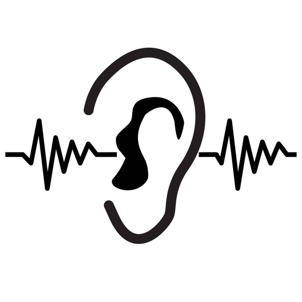 тестирование значок на белом фоне. Звуковая волна проходит через человеческое ухо. Слышащий символ. Плоский стиль.  - Вектор,изображение