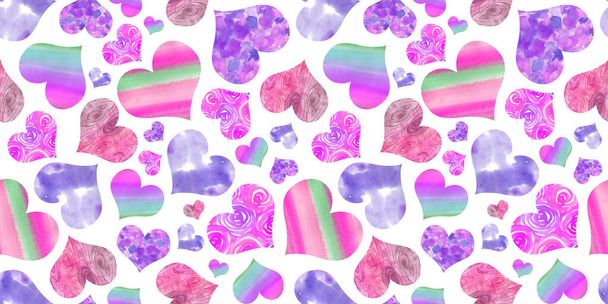 Seamless Pattern of colored Hearts painted in watercolor on a white Background. Pink, green, purple and orange multicolored gradient Heart. Background of Hearts for packaging, textiles, scrapbooking - Fotografie, Obrázek
