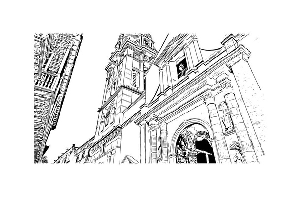 Blick auf das Gebäude mit dem Wahrzeichen von Cartagena ist eine Hafenstadt in Kolumbien. Handgezeichnete Skizzenillustration im Vektor. - Vektor, Bild