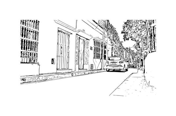 Print Вид на город Картахена - портовый город Колумбии. Ручной рисунок в векторе. - Вектор,изображение