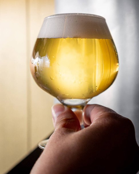 Lahodné ležákové pivo podávané ve sklenici držené jednou rukou - Fotografie, Obrázek