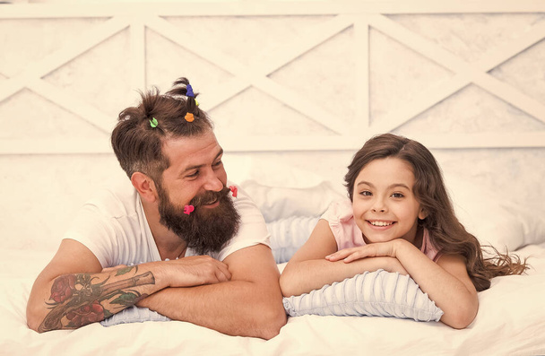 Cheerful and positive. happy family day. celebrate fathers day holiday. spend free time together. hairdressing salon. hairstyle at barbershop. father and daughter having fun. kid style dad hair - Photo, image