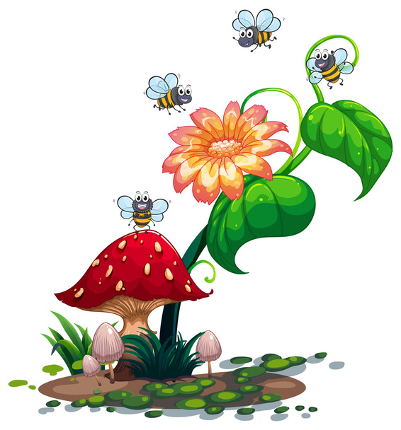 Пчелы бродят по растению с цветком
 - Вектор,изображение