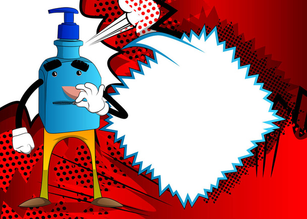 Cartoon μπουκάλι απολυμαντικό χεριών για την υγιεινή με φερμουάρ προσώπου στο στόμα του. - Διάνυσμα, εικόνα