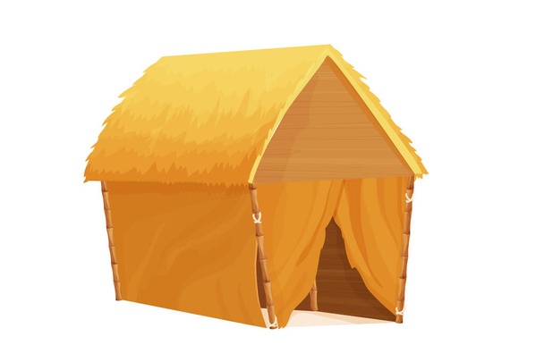 Plážový bungalov, tiki chata se slaměnou střechou, bambusem a dřevěnými detaily na písku v karikaturním stylu izolované na bílém pozadí. Fantazie, dovolená. Vektorová ilustrace - Vektor, obrázek