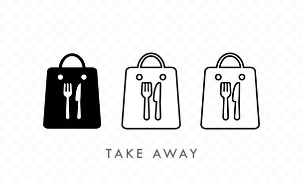 Zabrać papierowy zestaw ikon torby z żywnością. Codzienny posiłek w papierowej torbie. Ilustracja wektorowa lunchu na wynos. Ilustracja wektora. EPS10 - Wektor, obraz