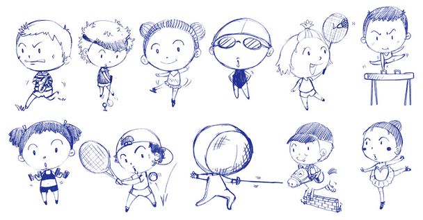 Blue doodle design of people playing with the different sports - Vector, Image
